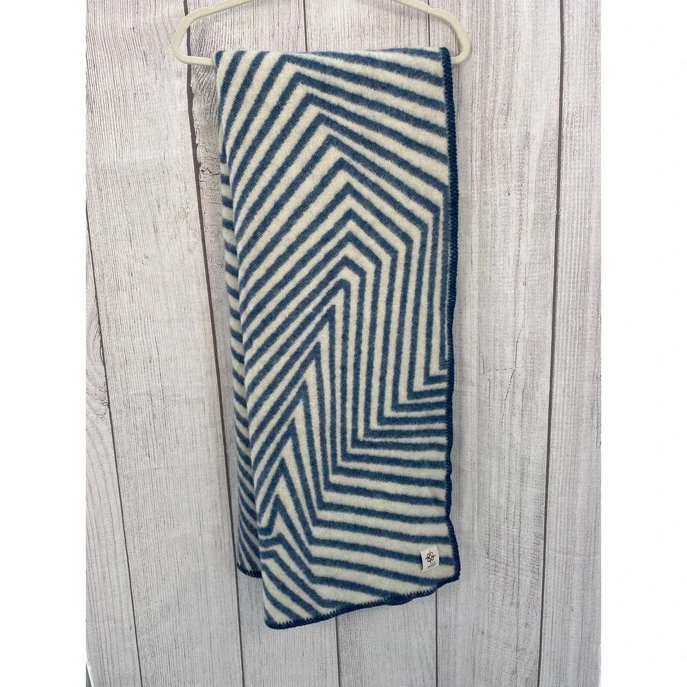Barker Textiles Wool Throw Blanket Navy Blue Geometric Chevron Striped